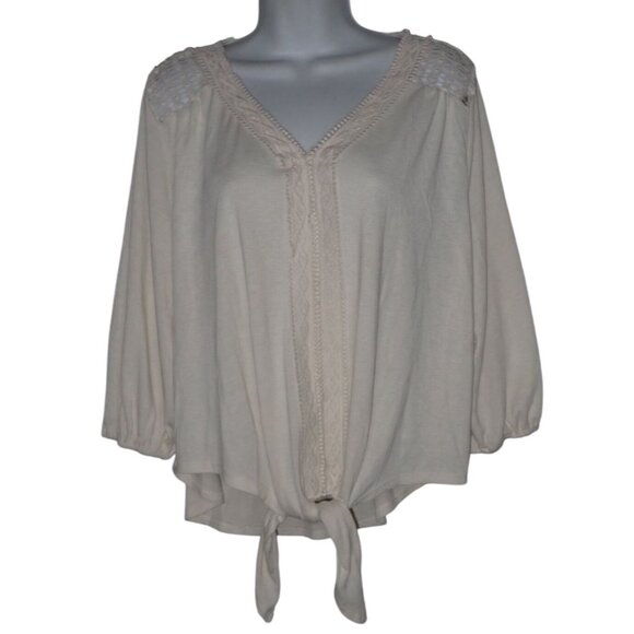 Anthropology Storybuk Boho Top Women PL Lace Tie Front Cropped Ecru Casual Artsy - Picture 1 of 6